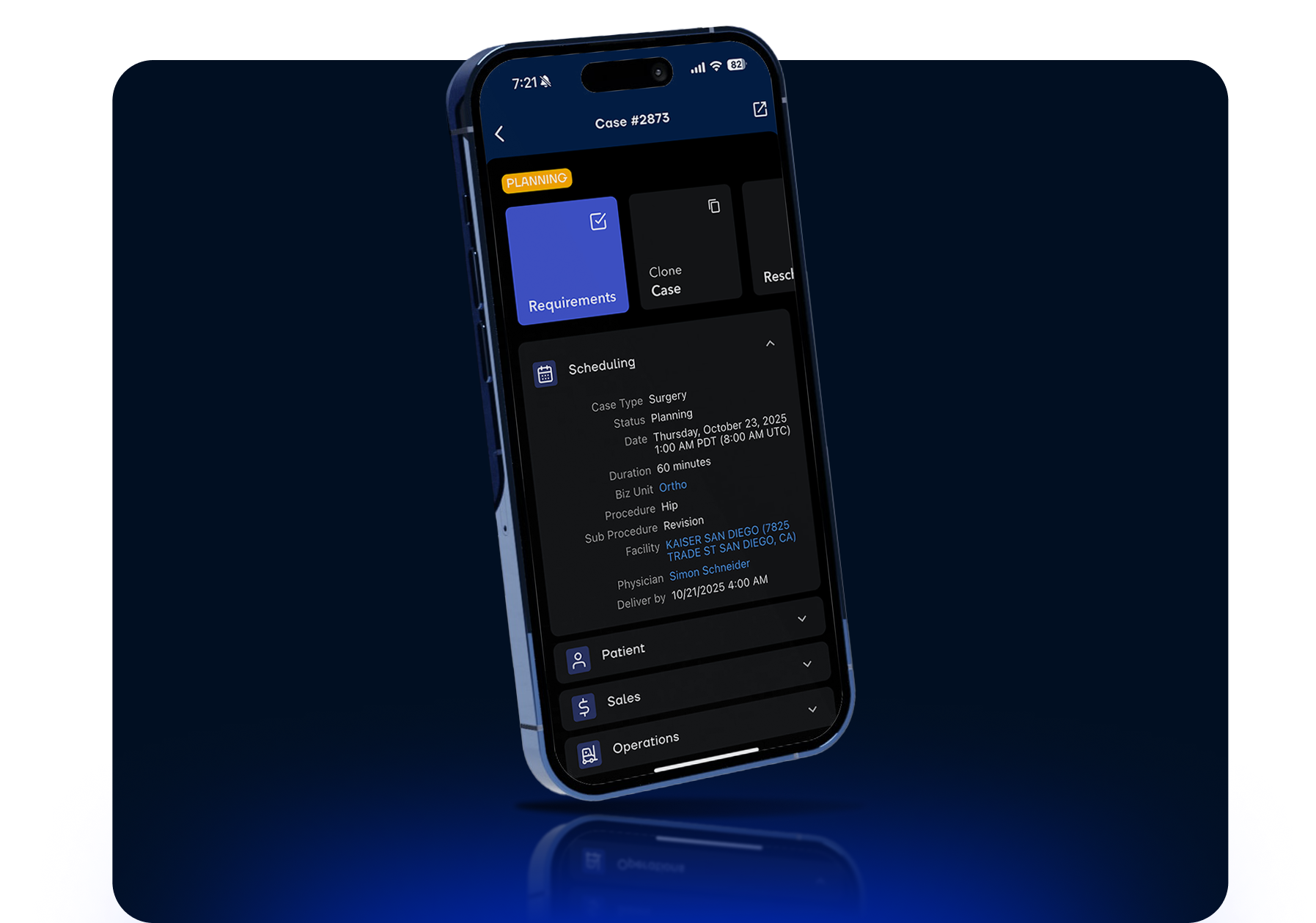 Movemedical mobile app Case Management screen