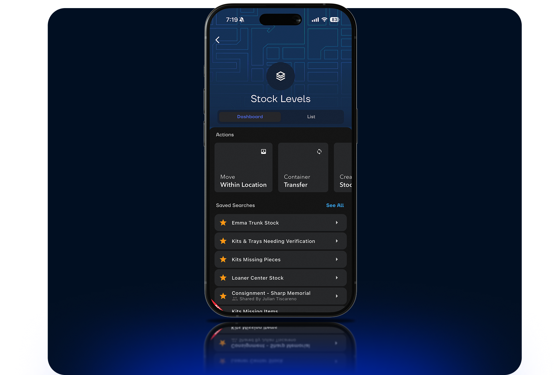 Movemedical mobile app Orders & Transfers screen
