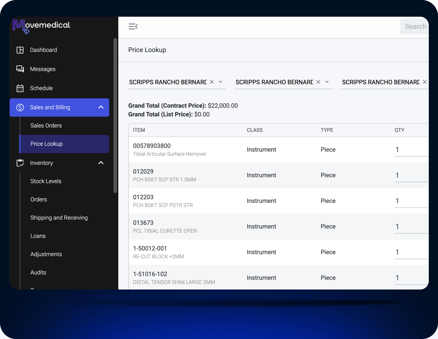 Movemedical desktop app Pricing screen