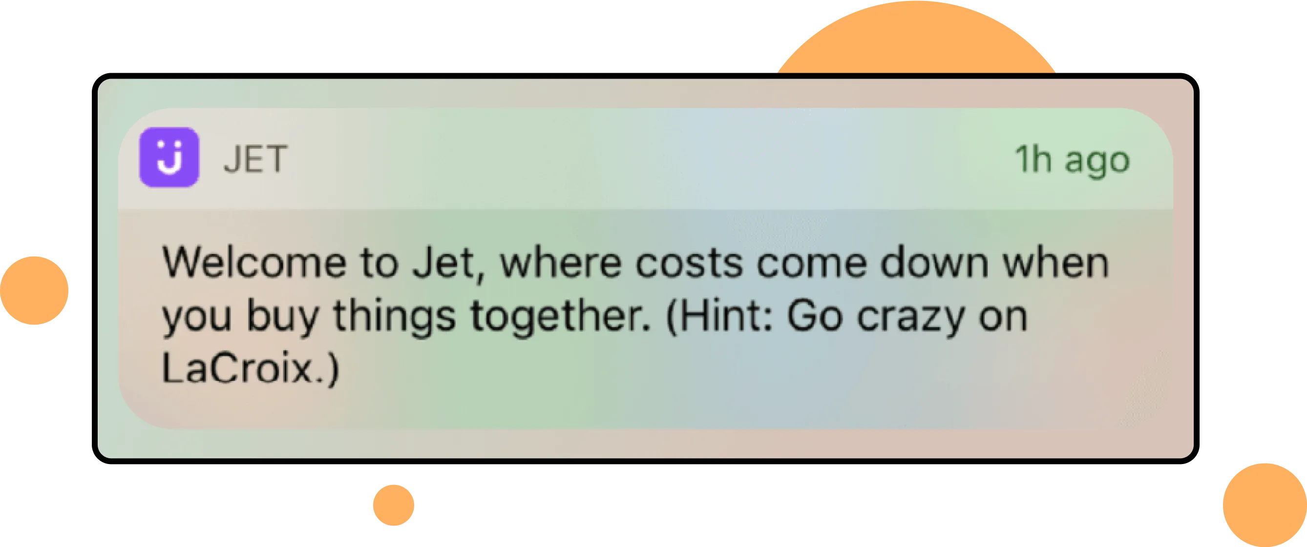 Example of push notifications from Jet welcoming them to their app