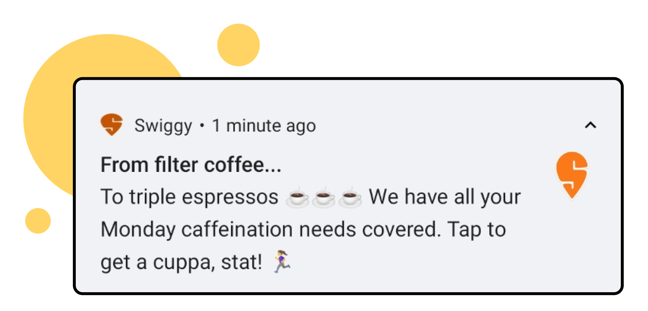 Example of push notifications from Swiggy pushing users to drink coffee on Monday morning and start their week