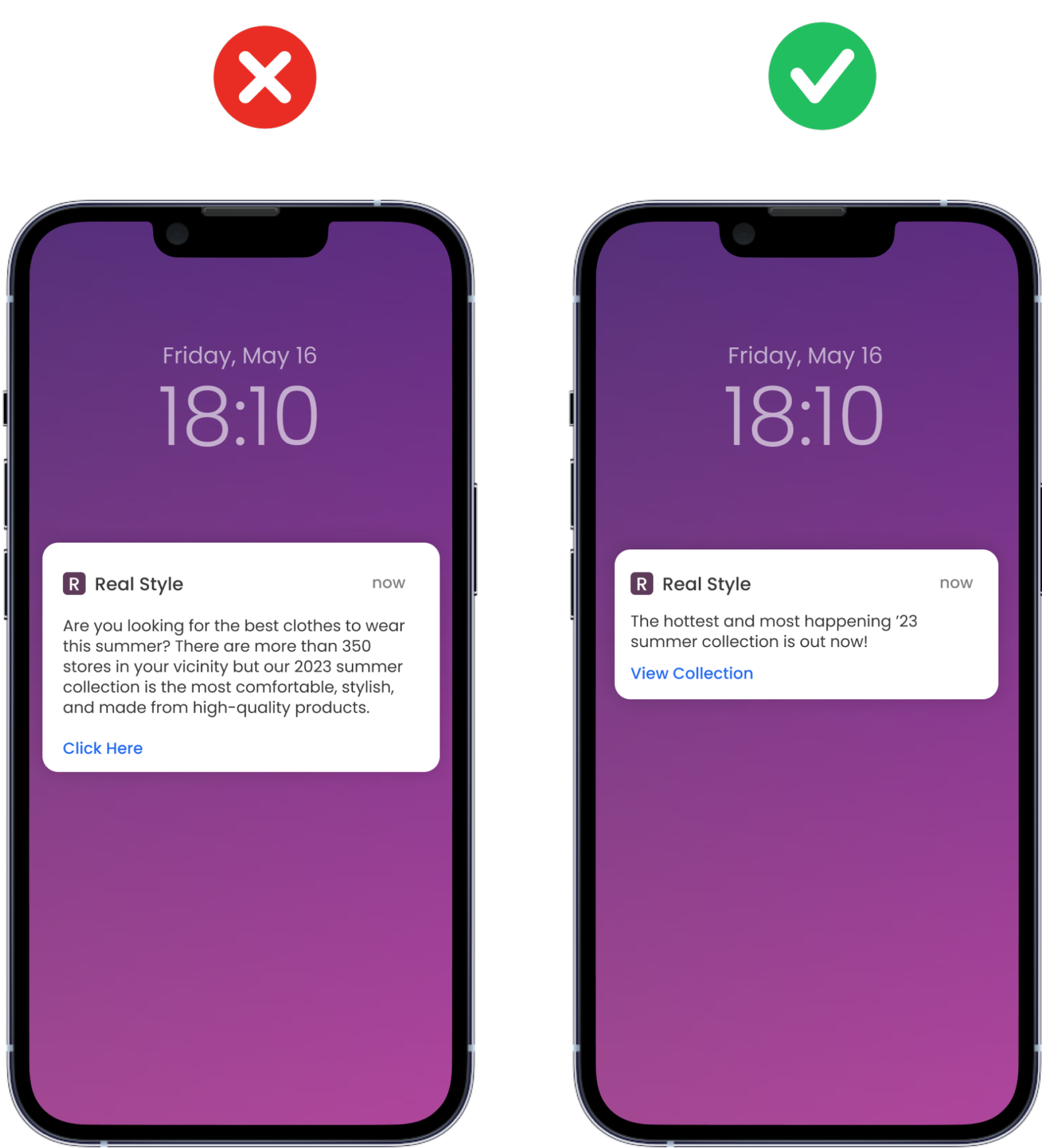 Example of push notification mistakes showing what a badly written message and CTA is and how to fix it