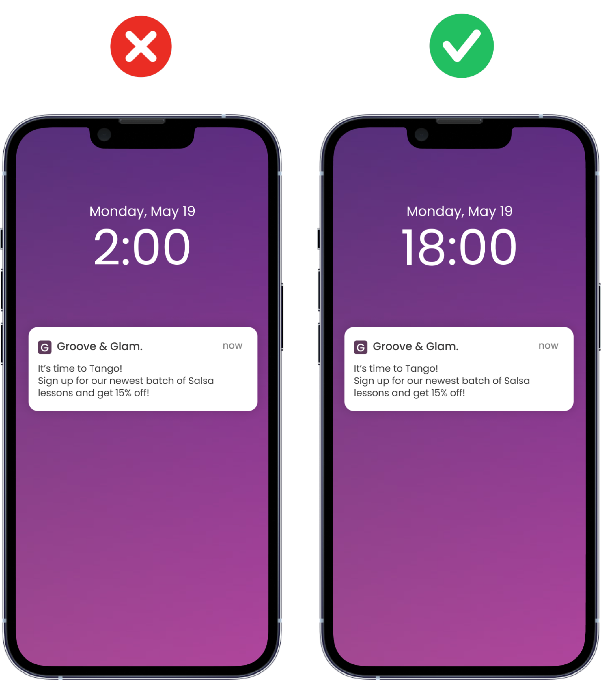 Example of push notification mistakes showing what wrongly timed push notification looks like and how to fix it
