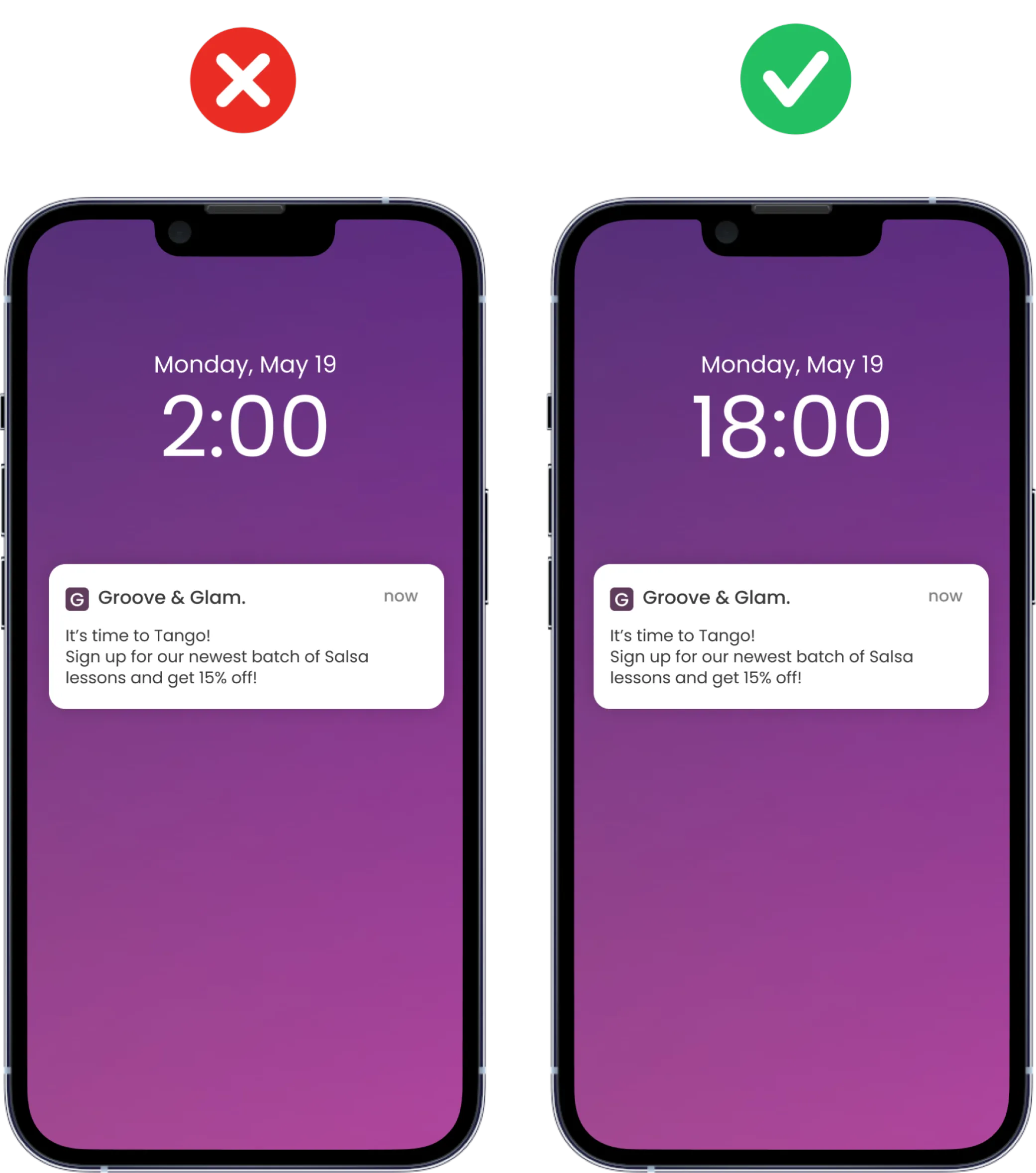 Example of push notification mistakes showing what wrongly timed push notification looks like and how to fix it