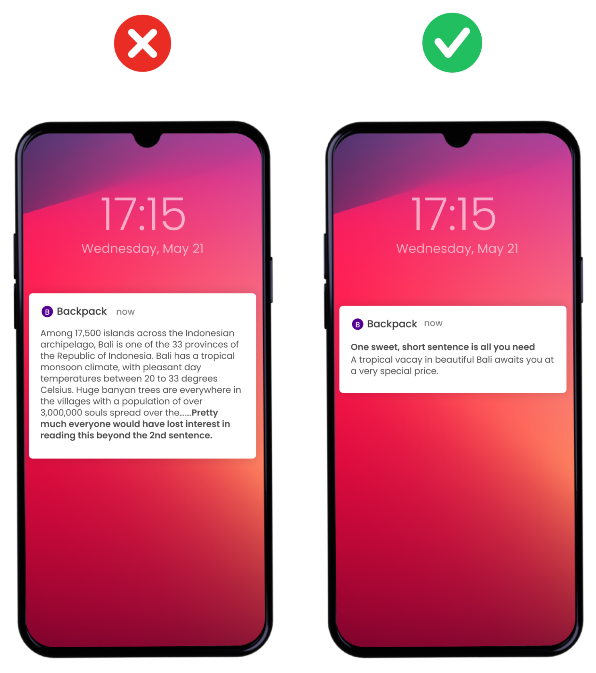 Example of push notification mistakes showing what an excessively long message is and how to fix it