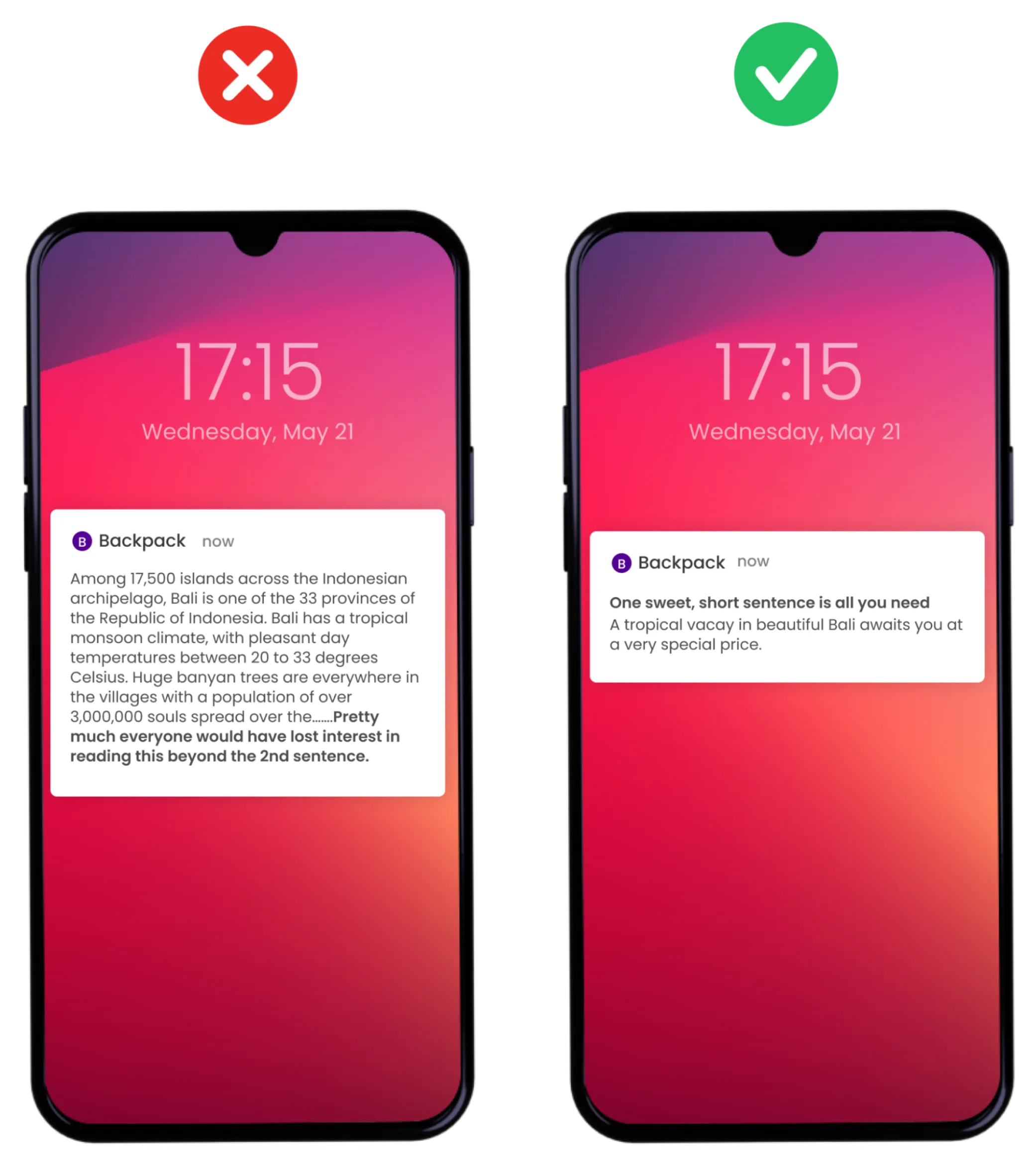 Example of push notification mistakes showing what an excessively long message is and how to fix it