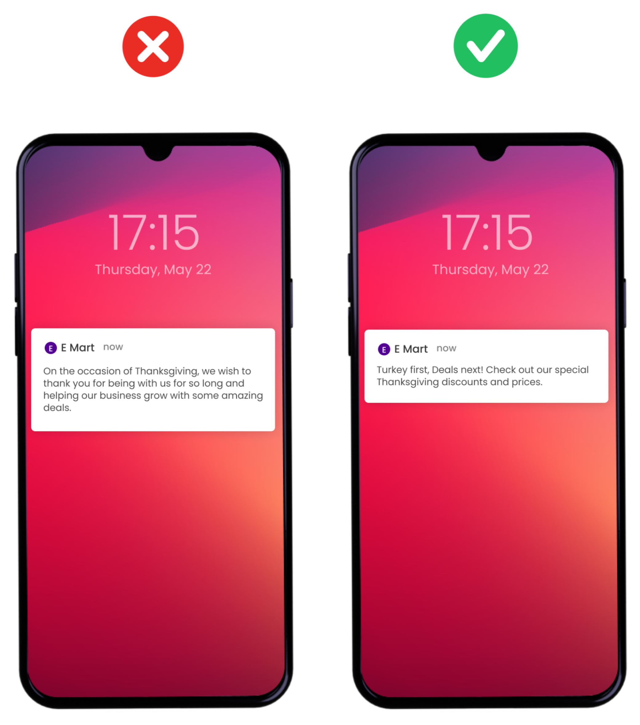 Example of push notification mistakes showing what a bland message looks like and how to fix it