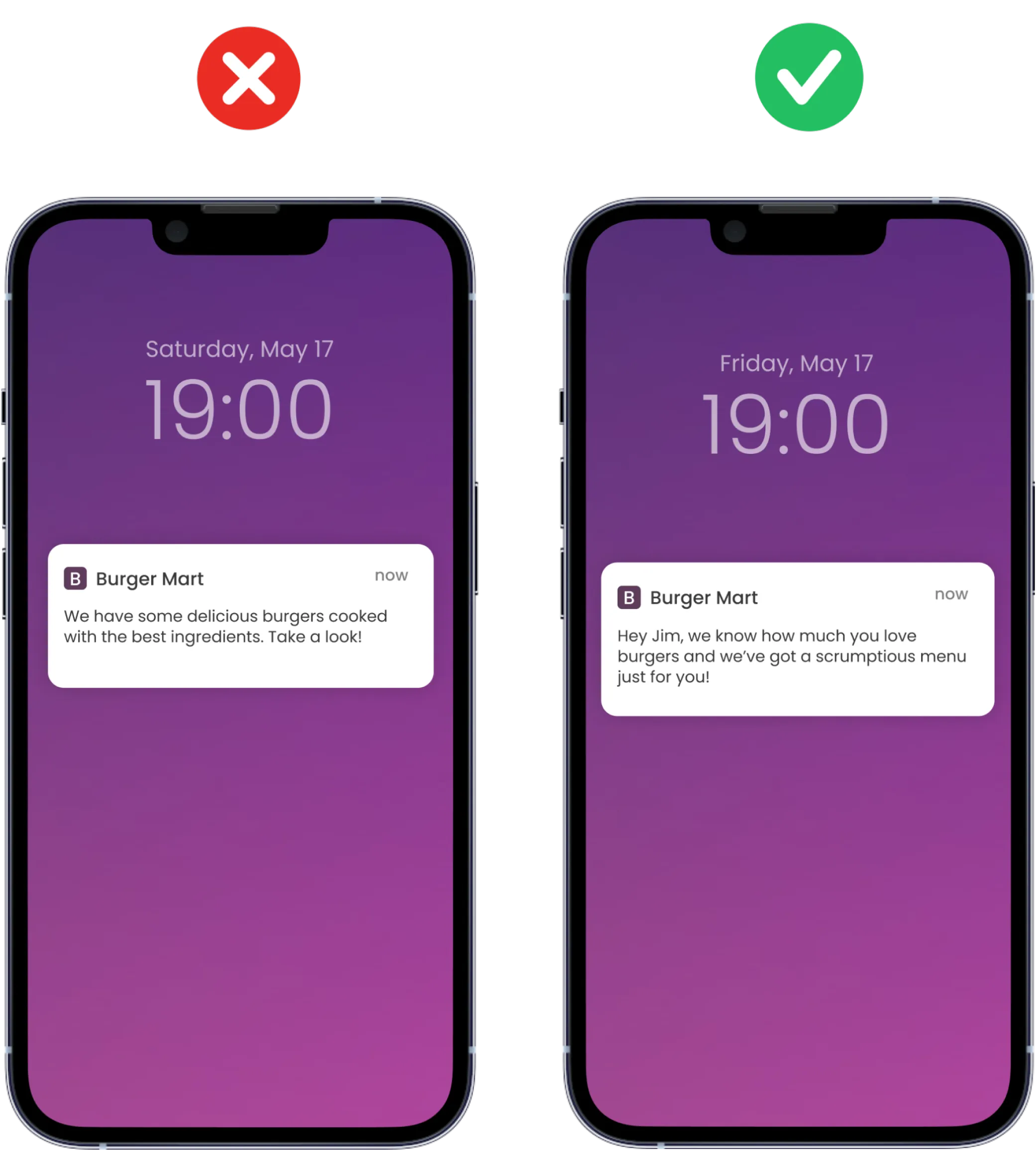 Example of push notification mistakes showing what a generic message is and how to fix it
