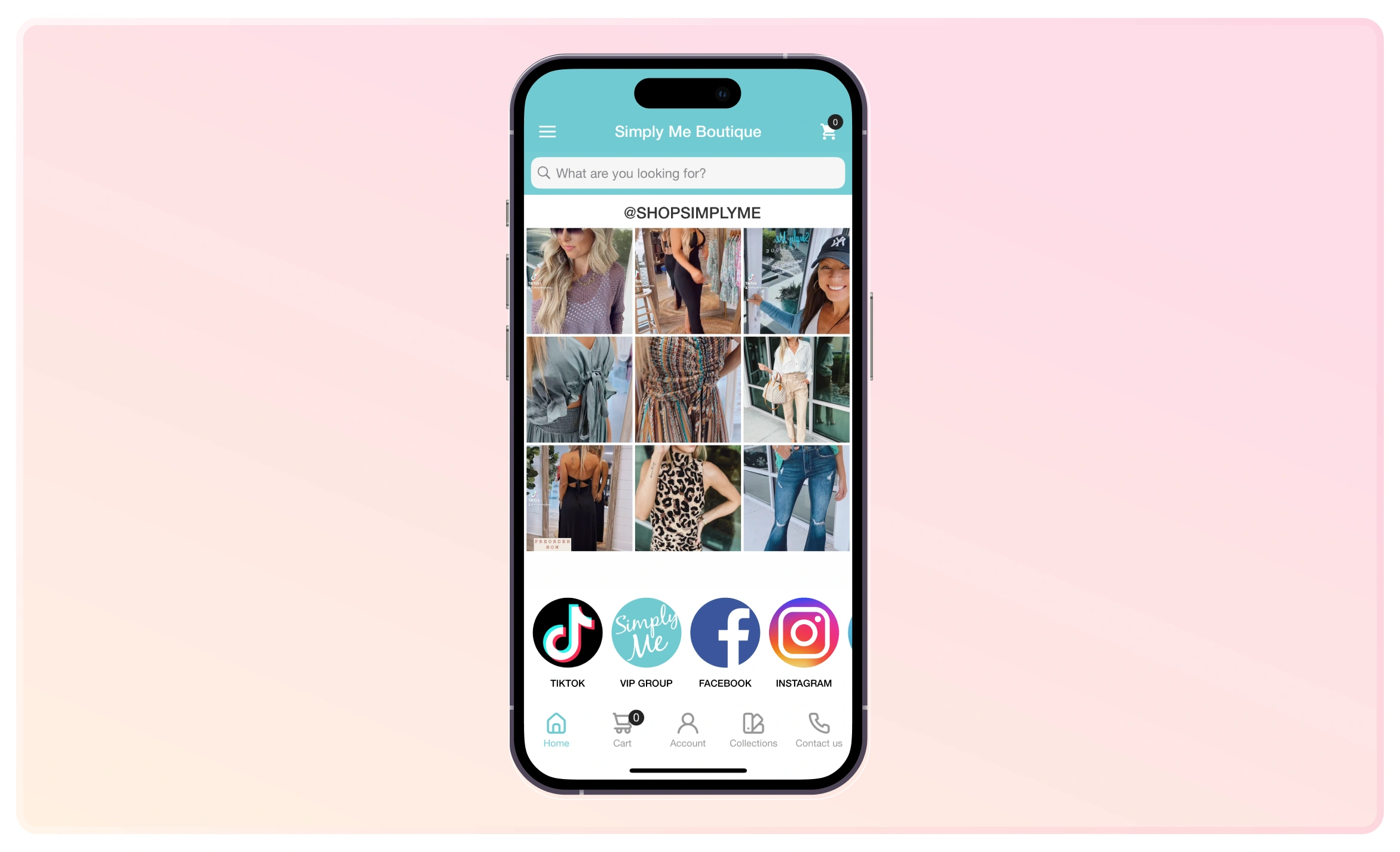 Simply Me Boutique's app homepage section that shows their Instagram feed