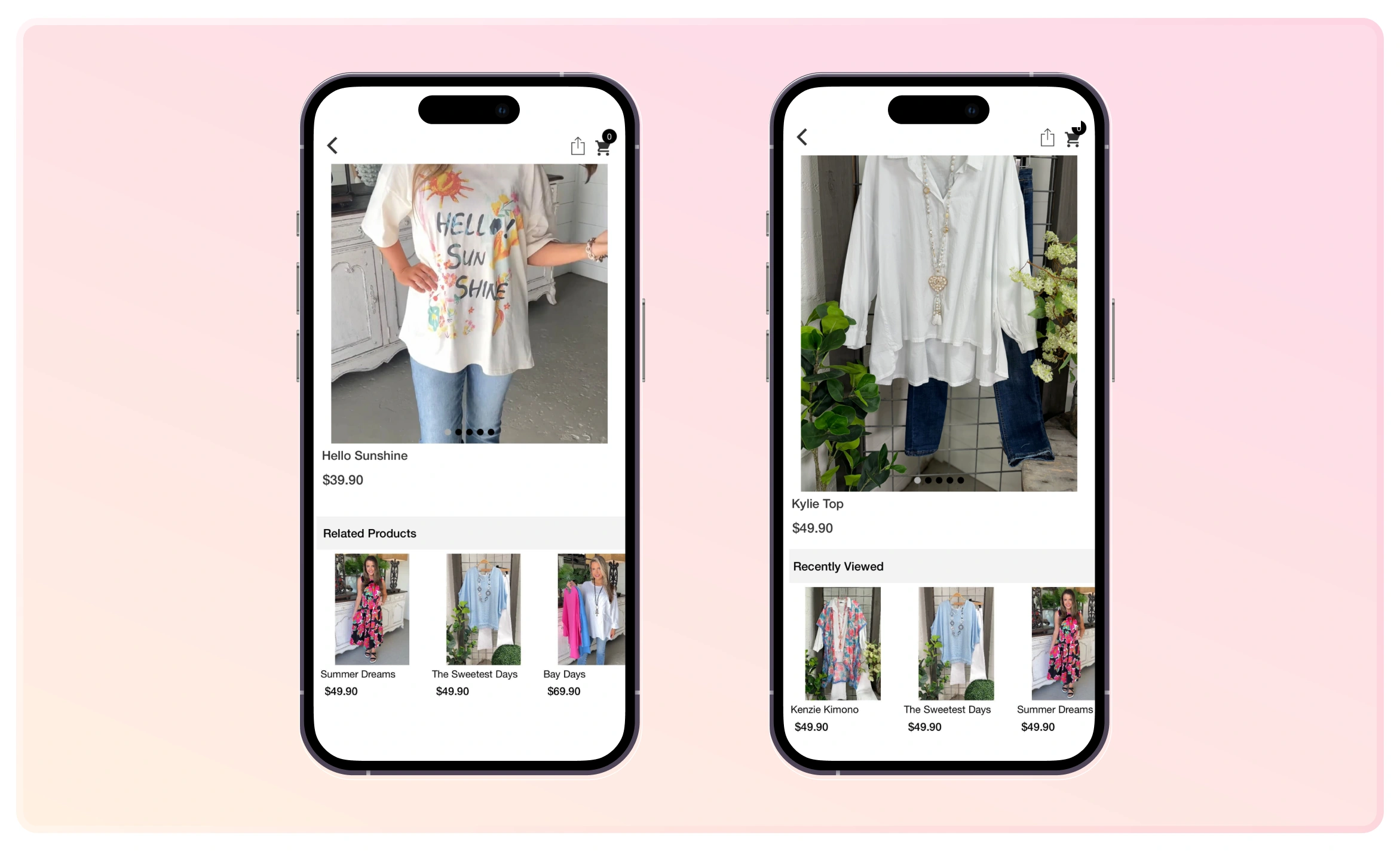 Carol's Boutique uses Related Products and Recently Viewed sections on their app to increase retention