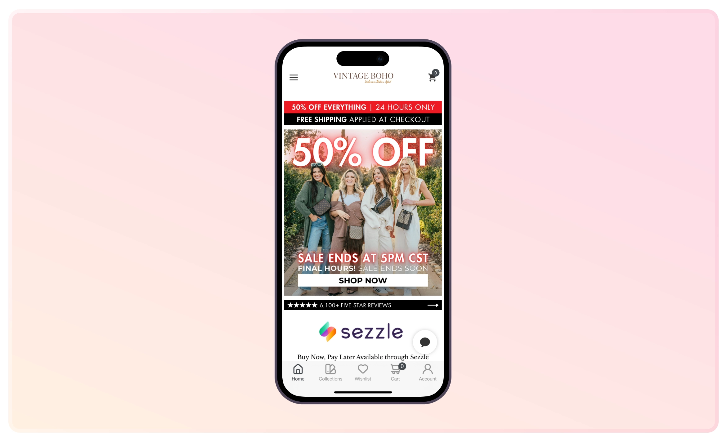 Vintage Boho Bags' homepage showing limited-time deals and offers