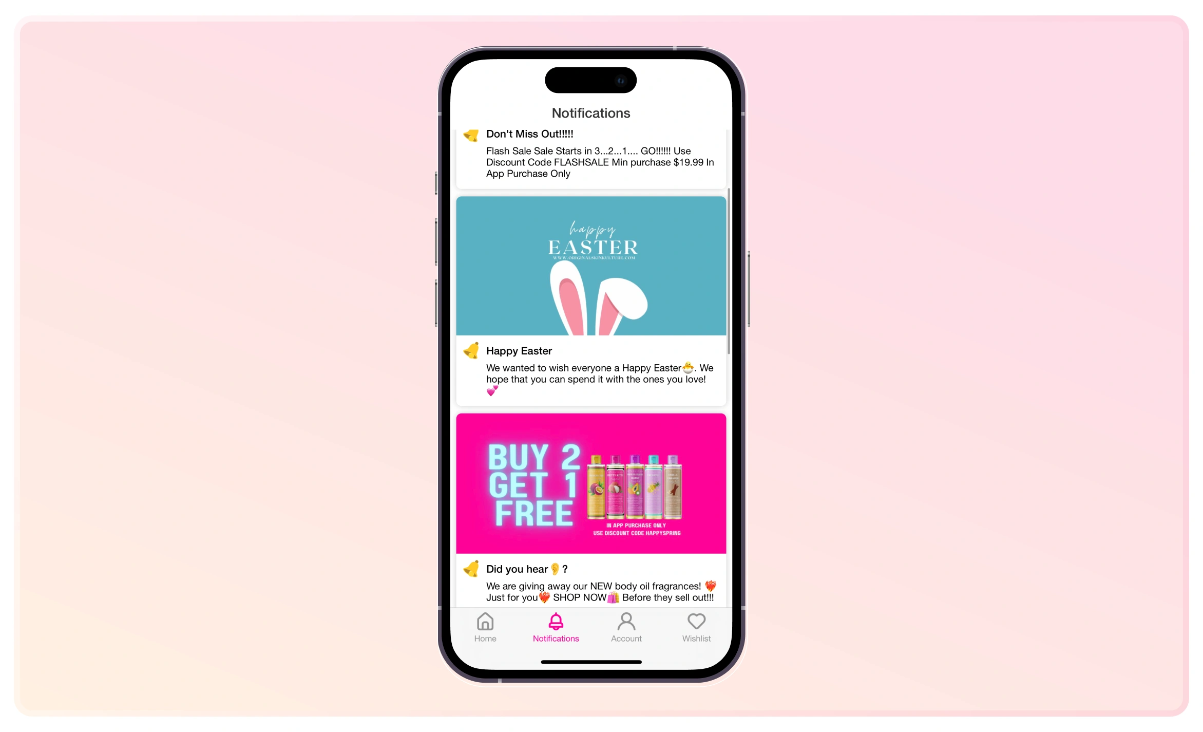 Skin Kulture uses push notifications to promote flash sales, combo offers, and giveaways.