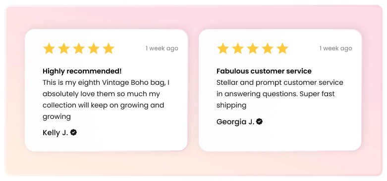 Two 5-star reviews given by Vintage Boho Bags' customers.