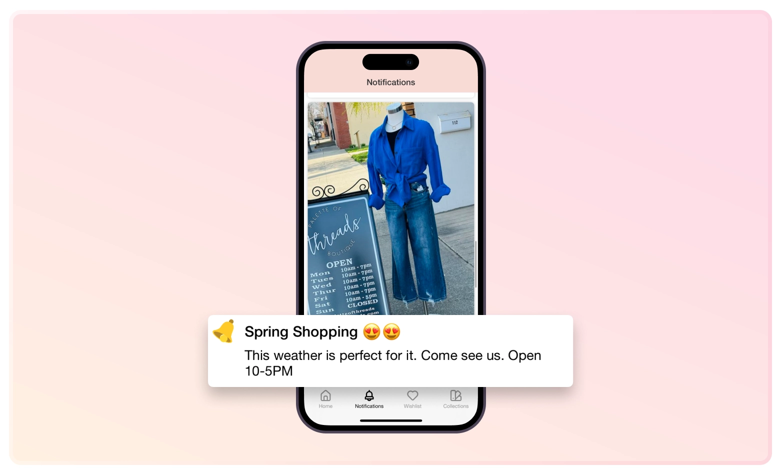 Example of how Palette of Threads boutique uses geo-based push notifications