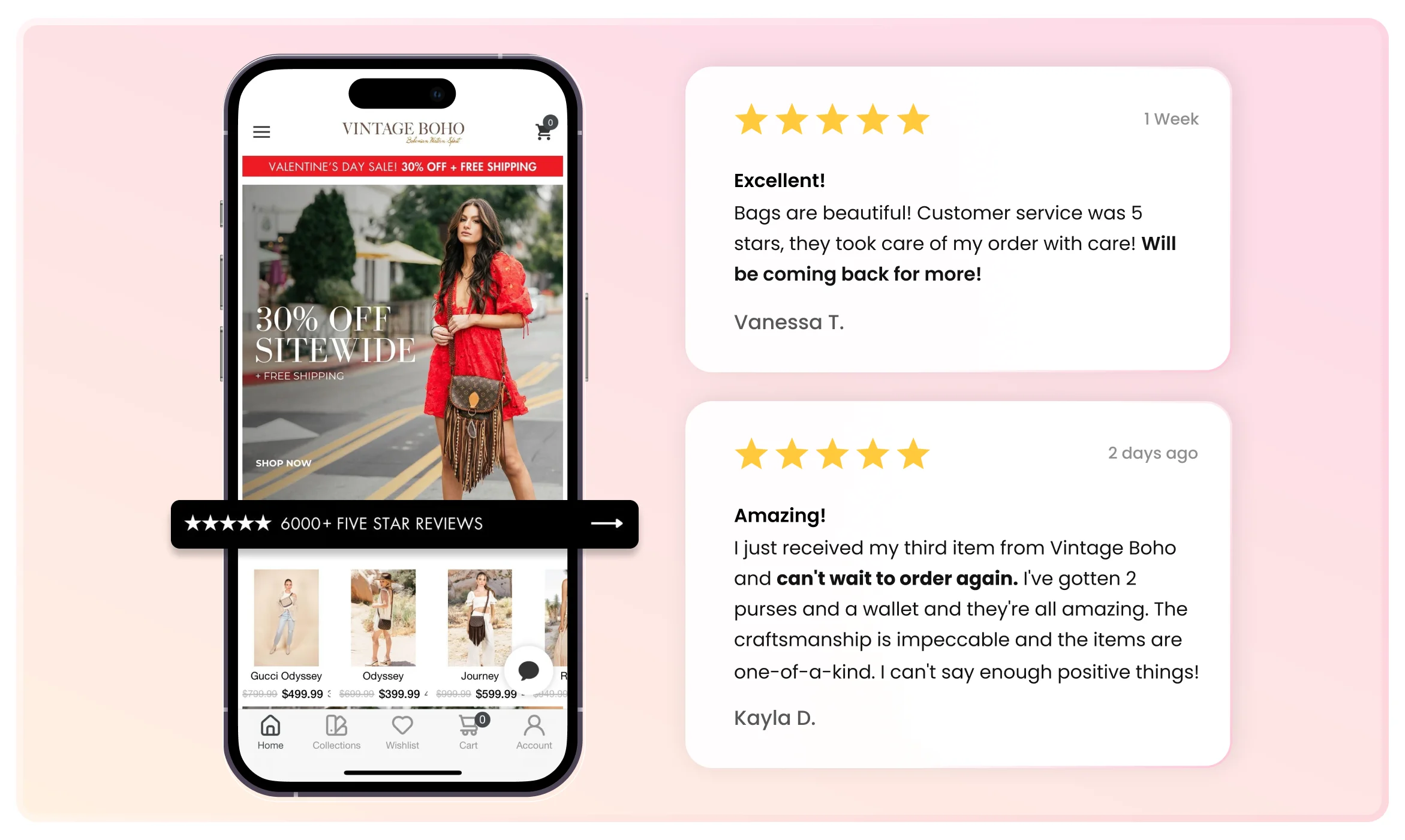 Vintage Boho Bags boutique shows off their 6,000+ reviews on their app’s homepage