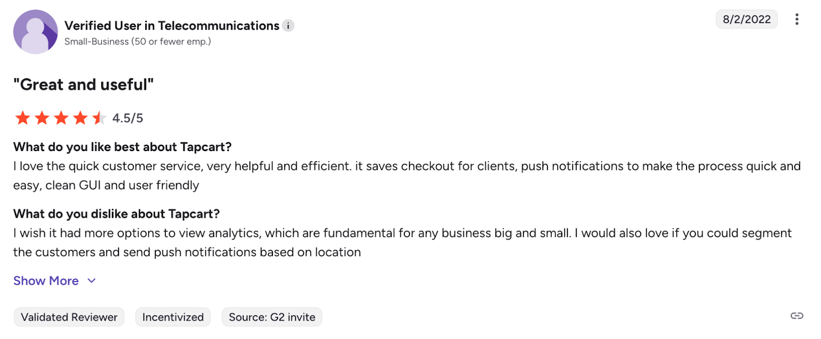 A screenshot of a product review page for Tapcart.