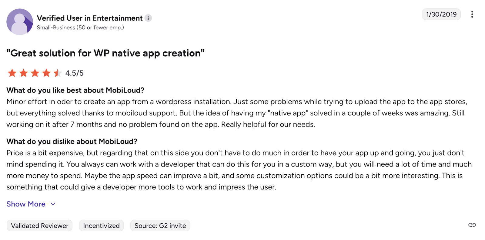 A screenshot of a product review page for Mobiloud.