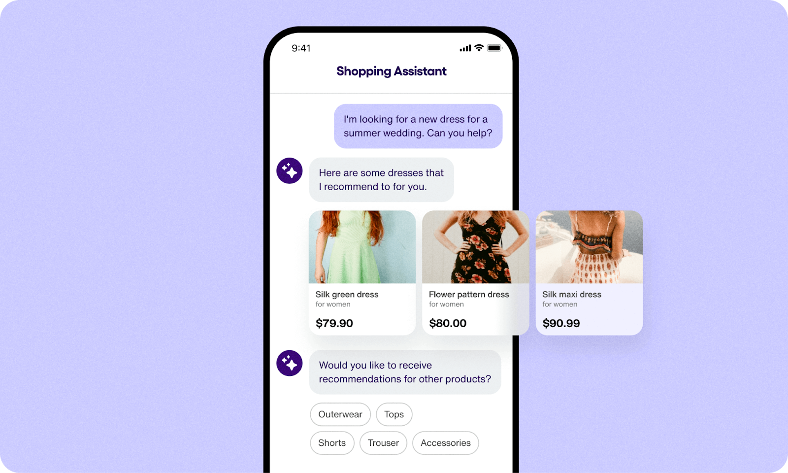 Mobile shopping assistant interface displaying conversational product recommendations and prices within an in-app chat experience.