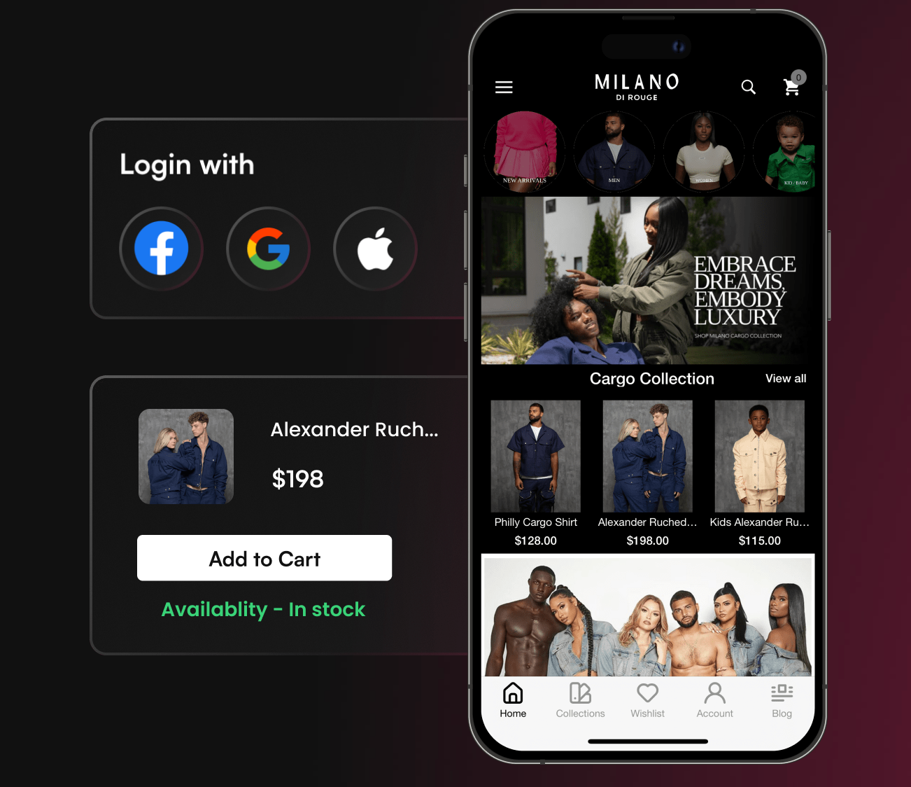 Mobile shopping app screen showing social login options and a product browsing interface with add-to-cart functionality and availability indicators.