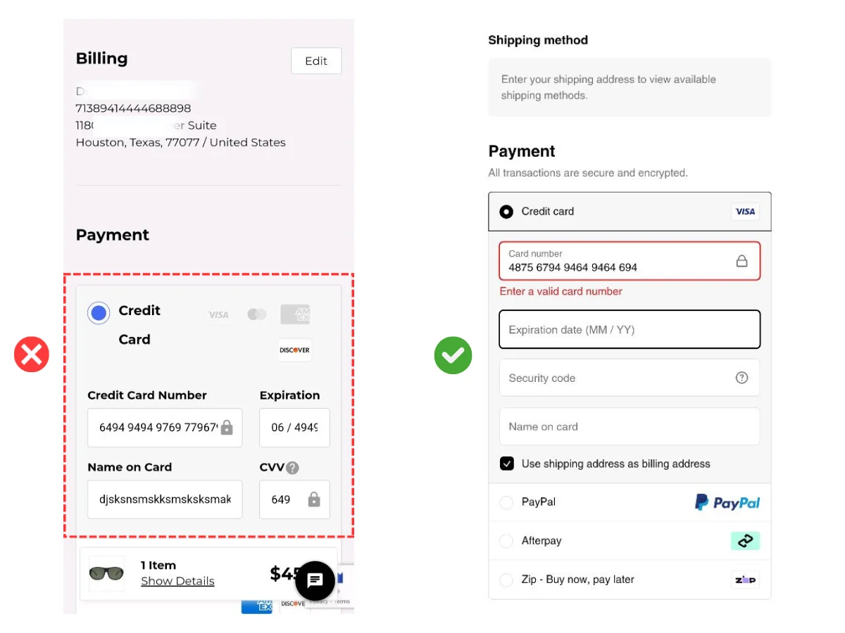 Comparison of mobile checkout experiences, showing a cluttered credit card form versus a simplified payment layout with fewer fields and clearer validation.