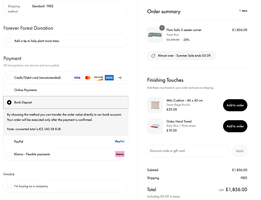 Mobile checkout screen displaying multiple payment methods, including credit and debit cards, PayPal, bank transfer, and buy-now-pay-later options.