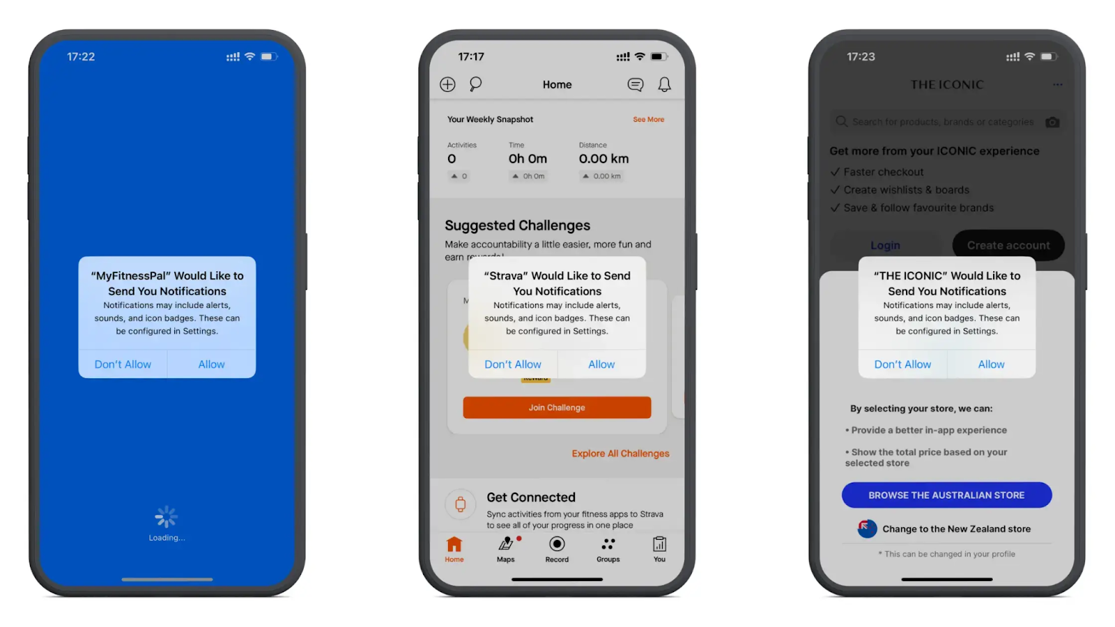 Examples of mobile app notification permission prompts shown during onboarding and in-app moments across different mobile applications.
