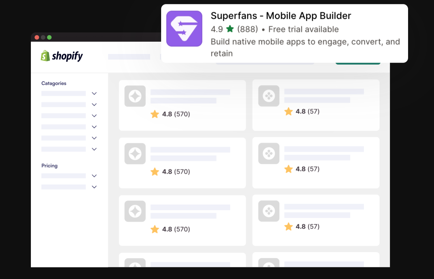 Shopify app store listing for Superfans' mobile app builder platform
