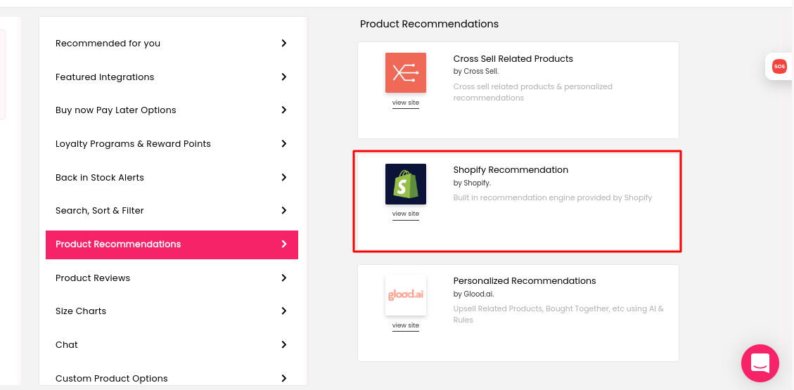 Shopify recommendation engine integration inside Superfans' mobile app builder dashboard
