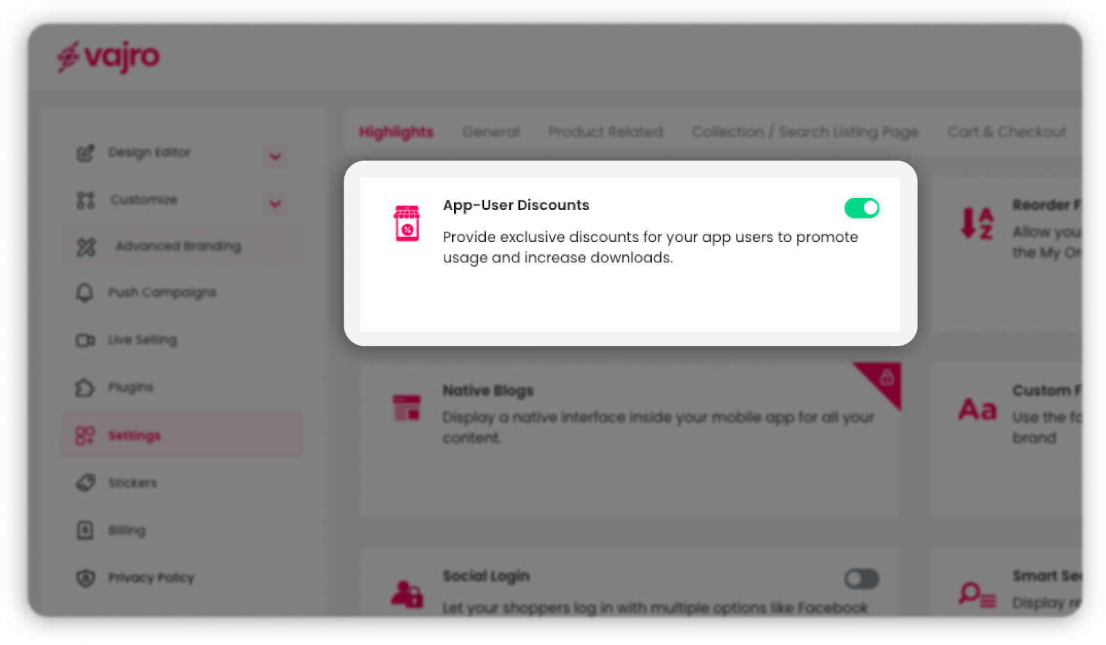 Superfans mobile app settings panel showing app-user discounts toggle to increase mobile app engagement