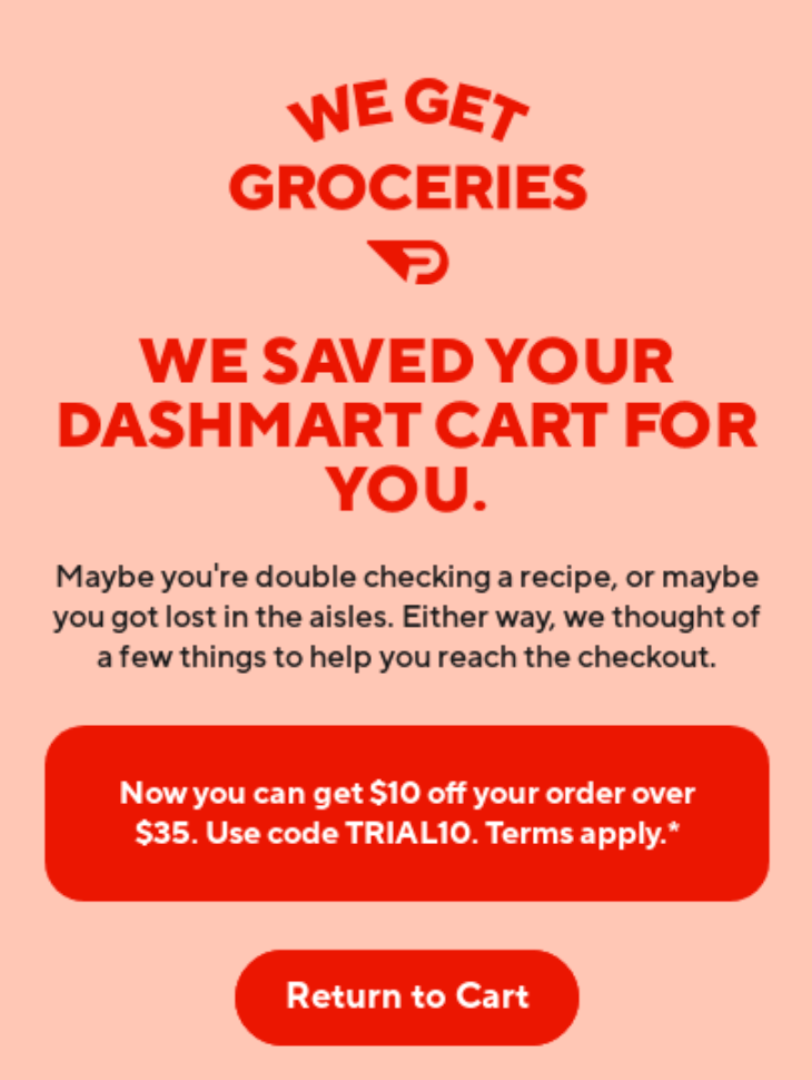 Abandoned cart email that leads back to the mobile app