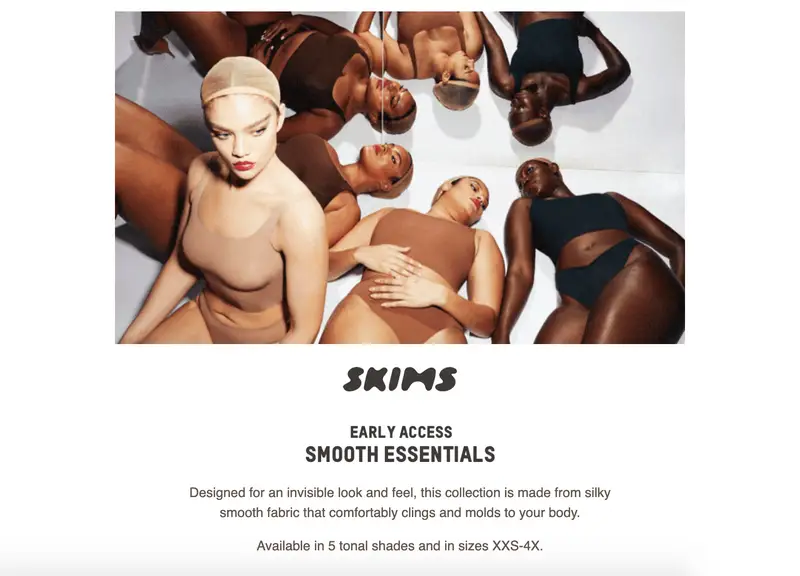 SKIMS smooth essentials early access product launch featuring inclusive models