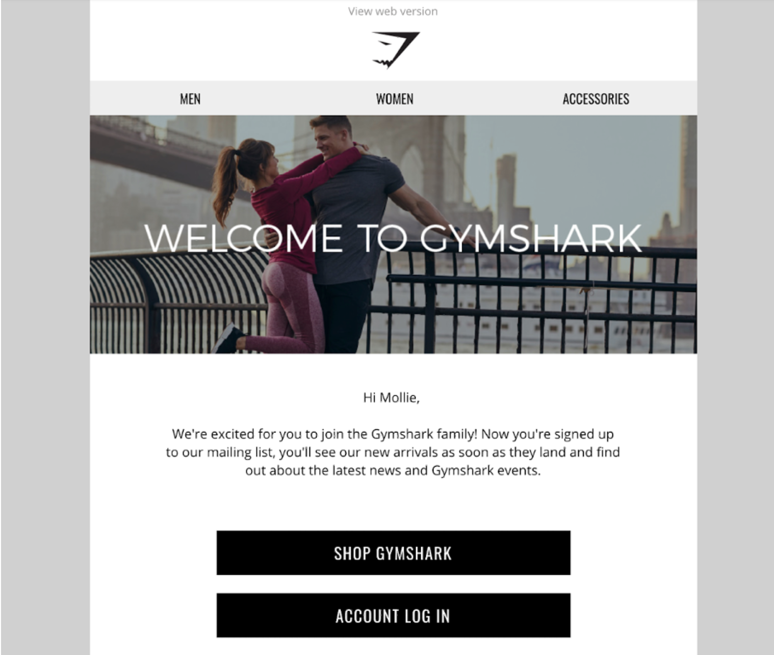 Gymshark welcome email highlighting new arrivals and brand engagement touchpoints