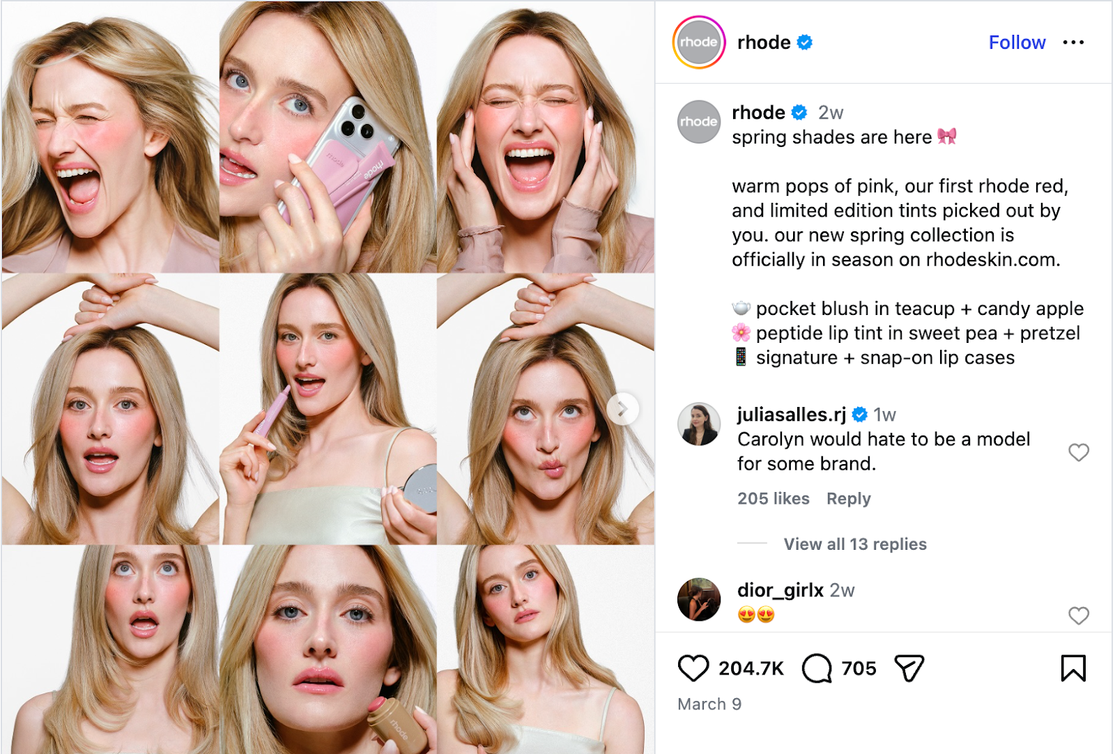 Rhode skincare spring collection launch post with product details and customer engagement