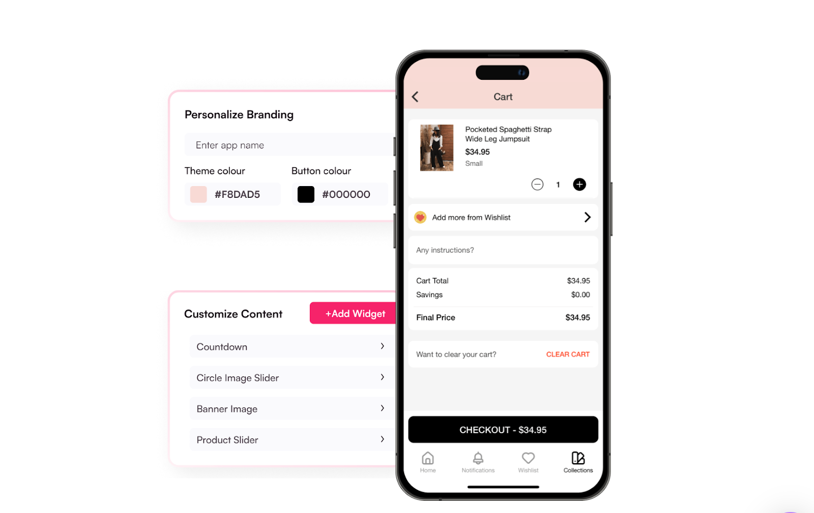 Mobile app cart interface with personalized branding and checkout experience