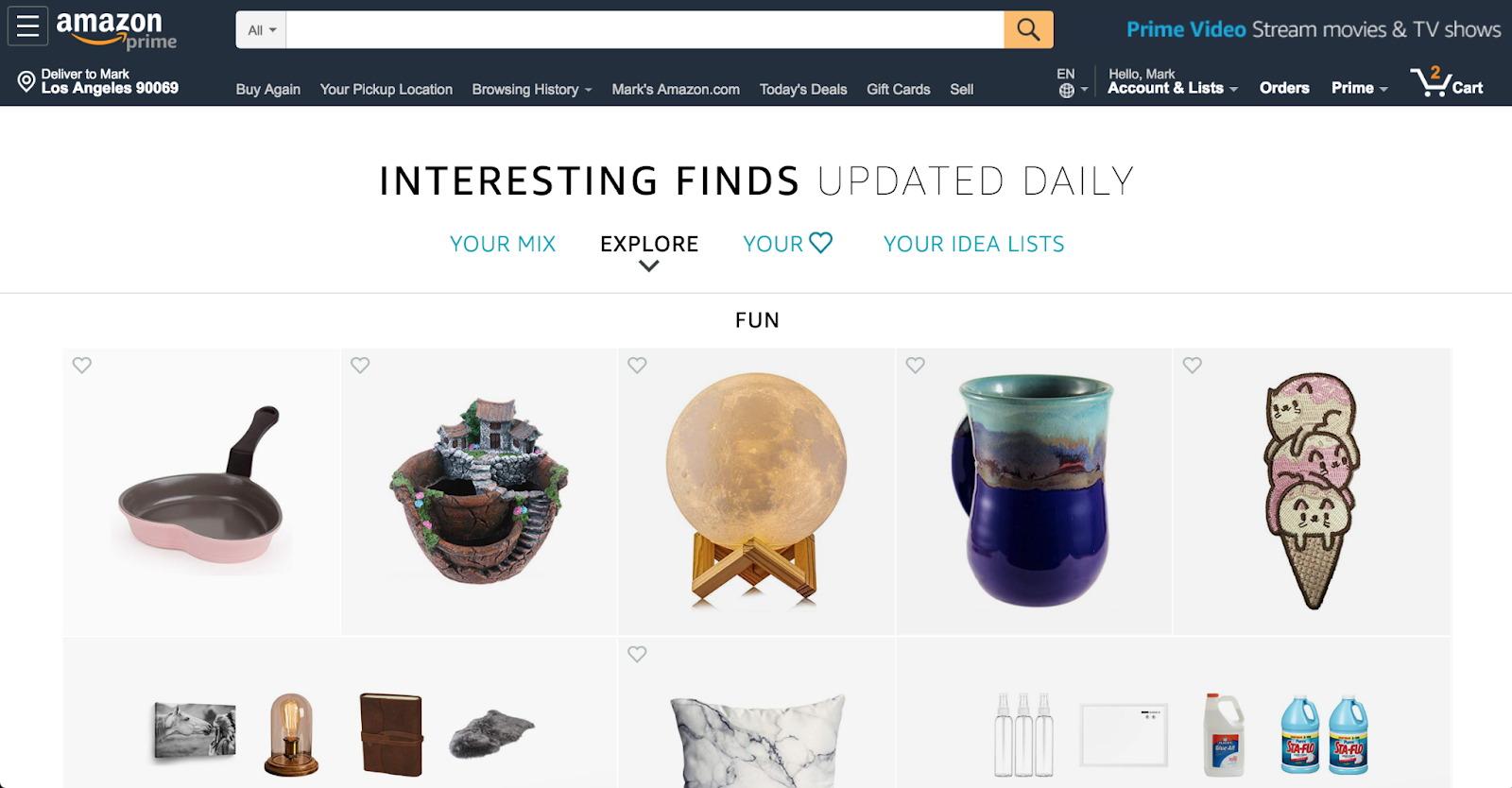 Amazon Prime homepage with personalized product recommendations and curated listings