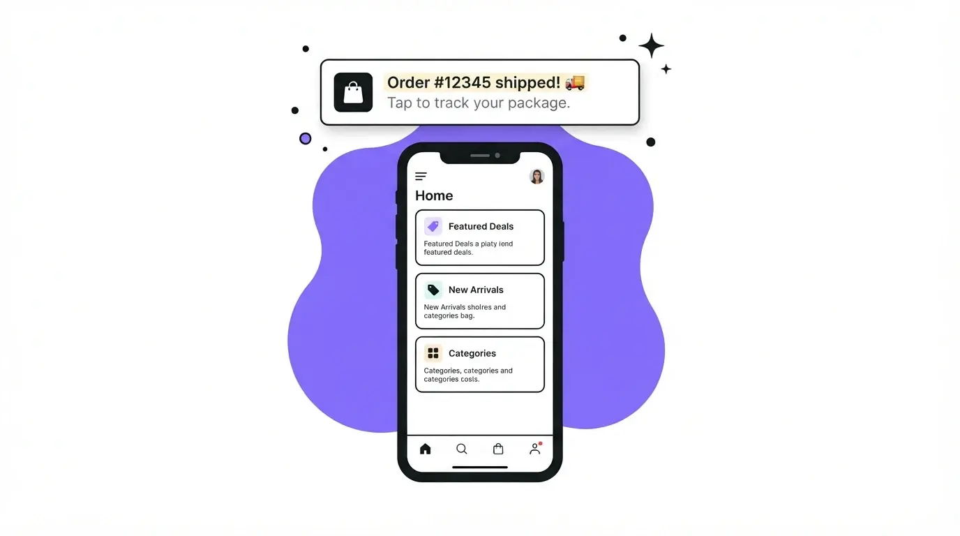 Push notification for a shipped order above a phone showing a personalized app home screen