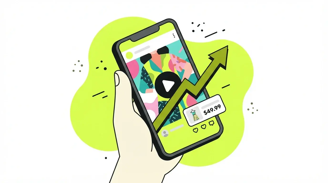 Hand holding a phone with a shoppable video feed, product price tag, and a rising conversion rate arrow