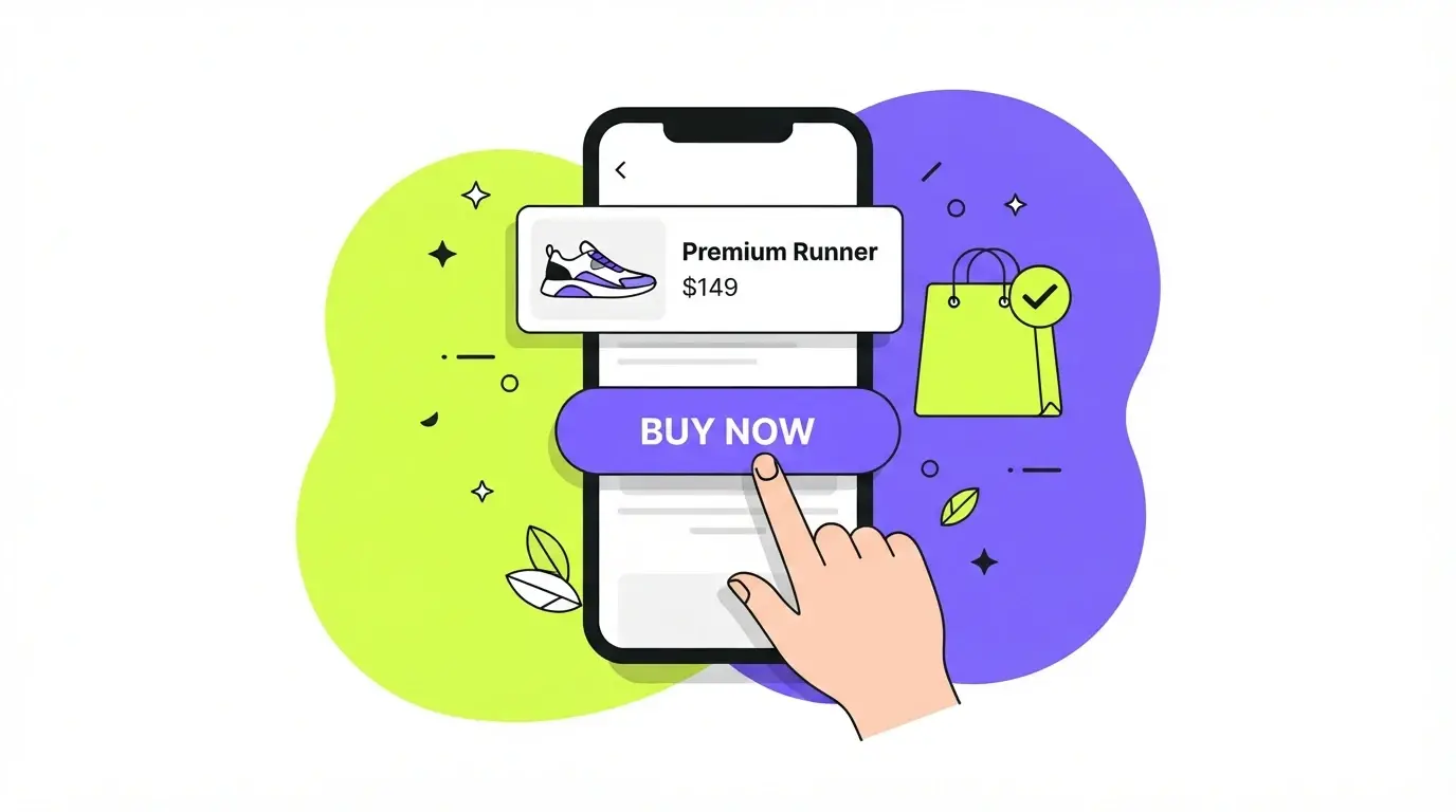 Finger tapping a one-tap Buy Now button on a phone showing a product card, with a shopping bag and checkmark badge
