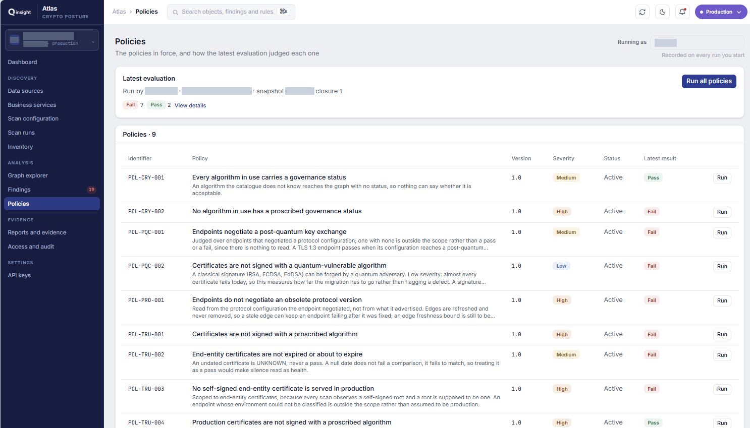 Atlas policy catalogue with versions, severity, latest results and evaluation snapshot context