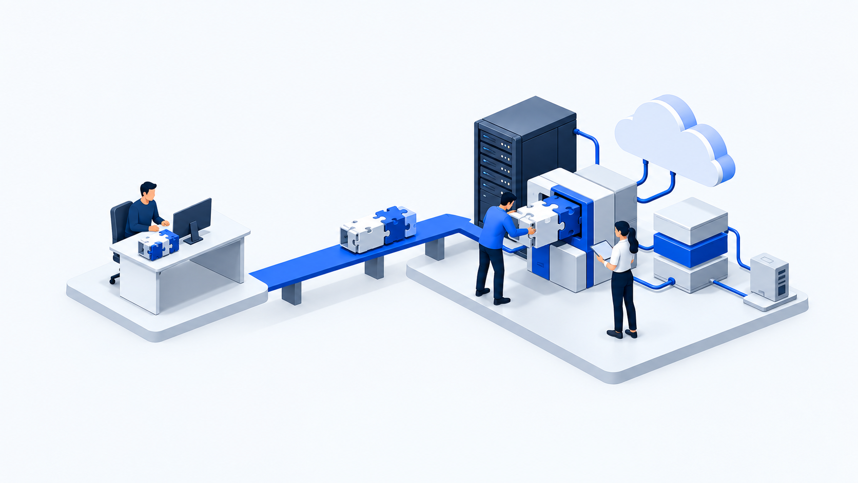 A vendor delivers a modular software update across a blue bridge while two enterprise engineers integrate it into connected server, cloud, and application infrastructure.