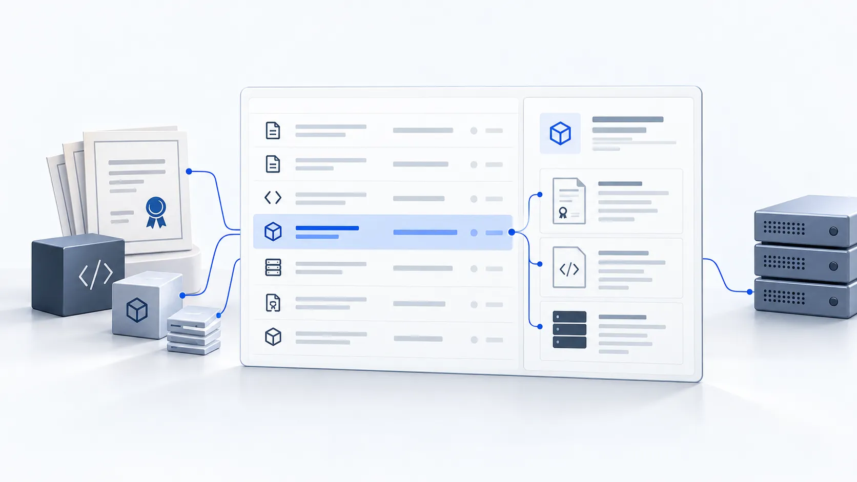 An illustrated inventory view connects certificate records, software components and infrastructure with supporting evidence.