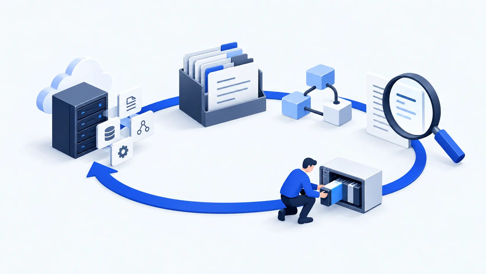 Cryptographic evidence moves from source systems through organized records, connected context and review into an ongoing cycle of action.