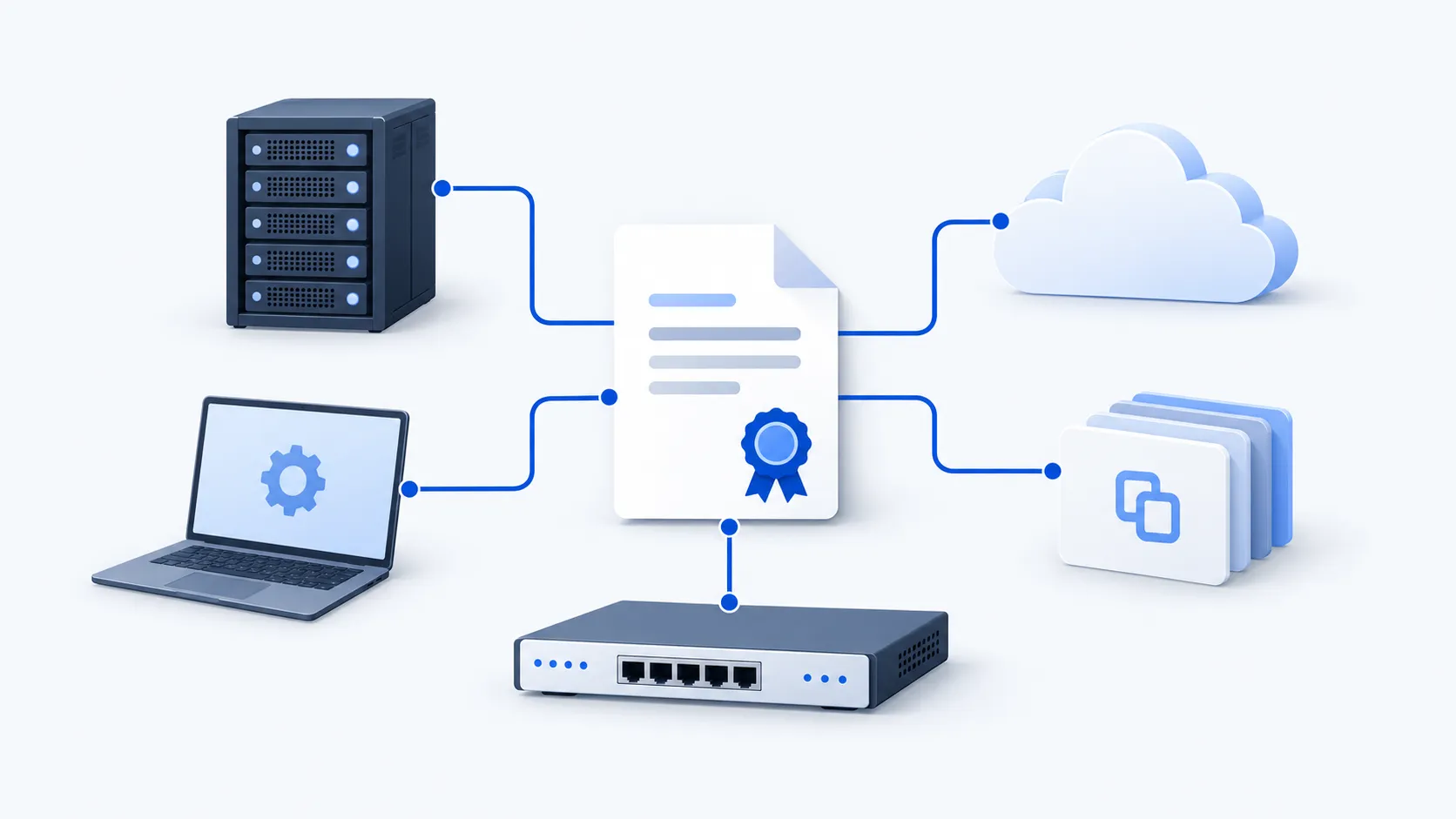 A shared certificate connects to several different services, illustrating why an inventory must retain both object identity and deployment relationships.