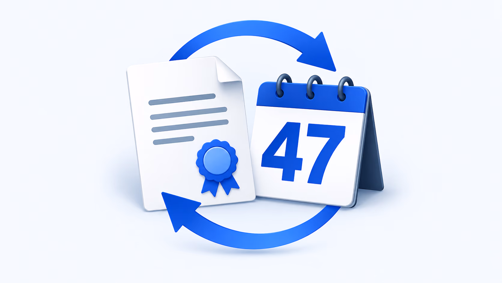 A digital certificate and a calendar marked 47 encircled by blue renewal arrows.