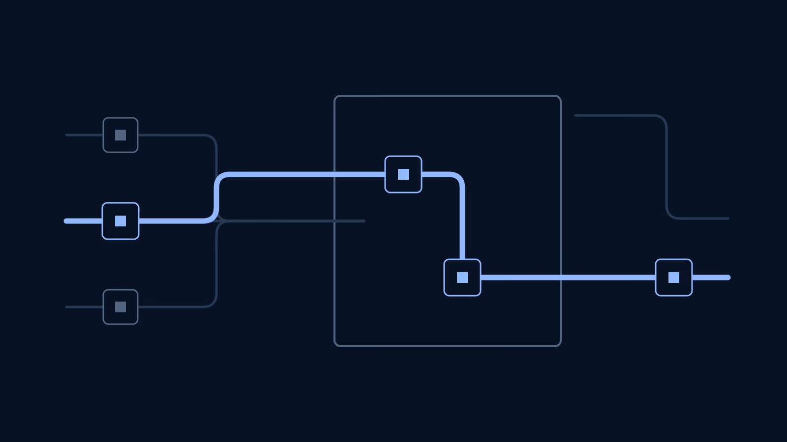 Several dark routes converge toward a central frame, with one path highlighted in light blue.