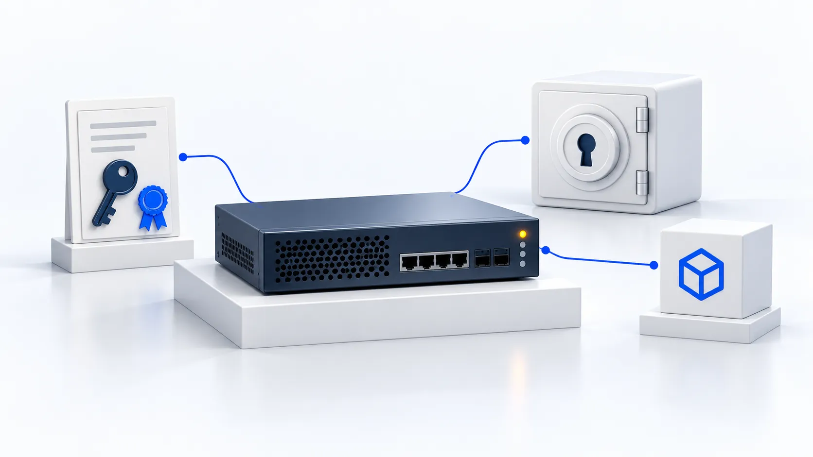 A network gateway connected to credentials, a remote key vault and an application for cryptographic impact investigation.