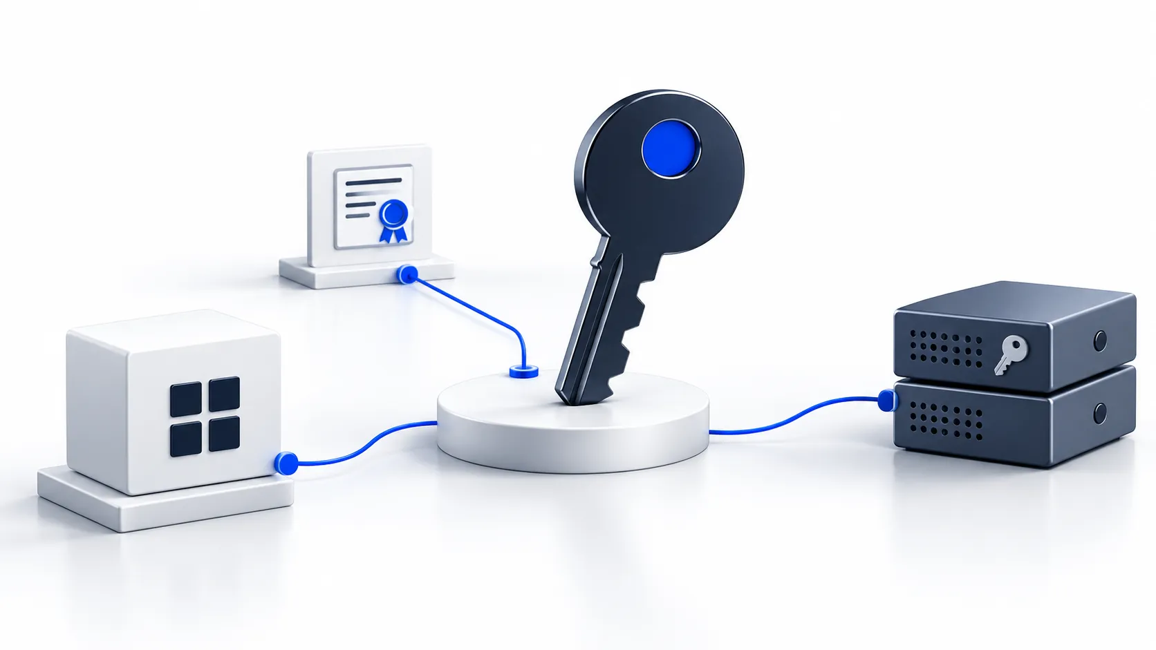 One key identity connected to an application, a server deployment and a relying service to illustrate exposure scoping.