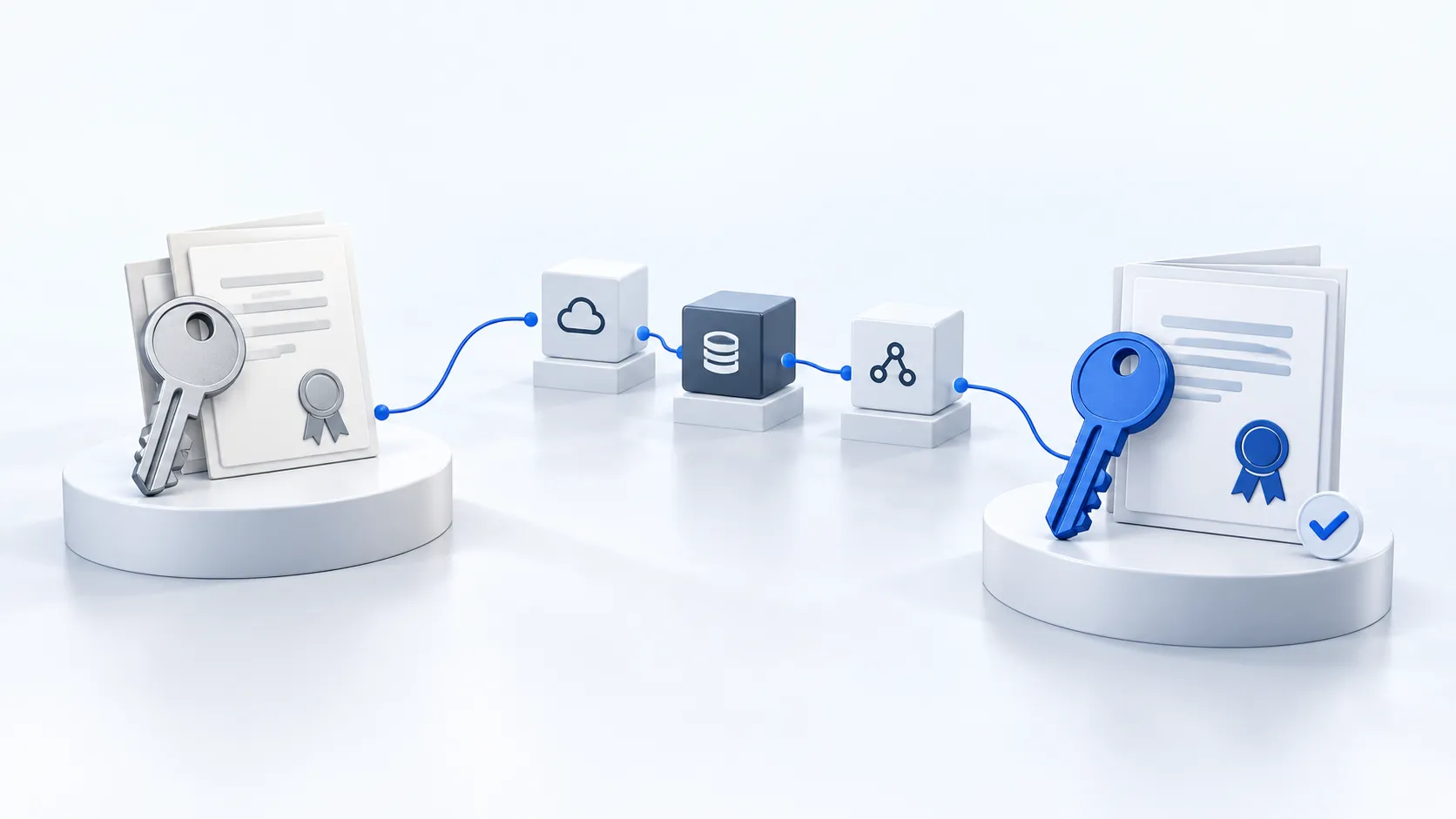 Silver and blue keys with certificates connect through service consumers during a controlled credential rotation.
