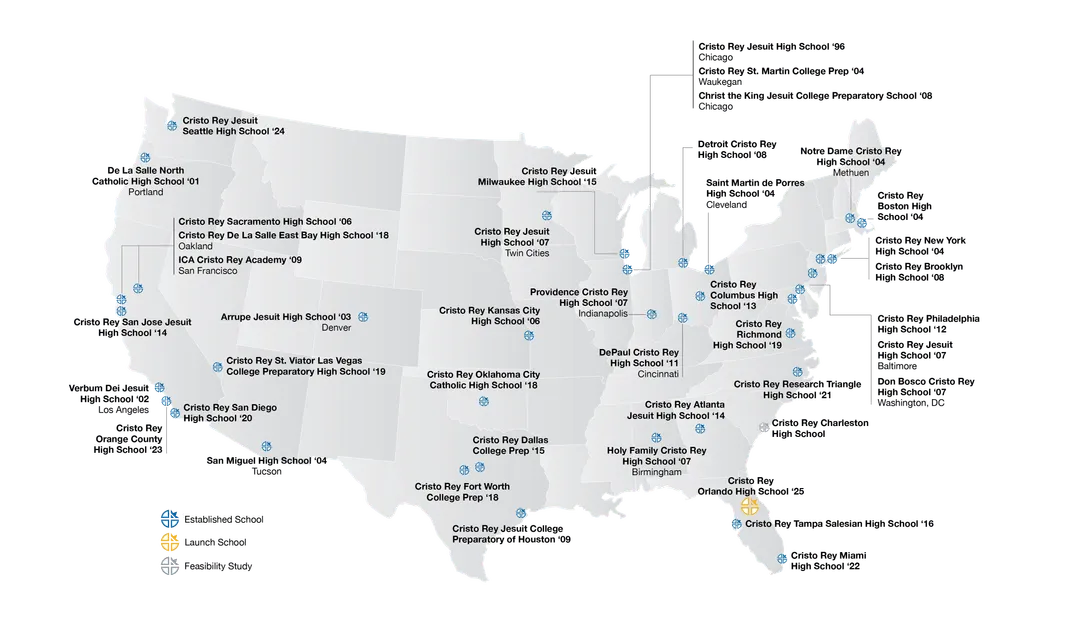 Map of the contiguous United States showing the locations of all Cristo Rey Network schools