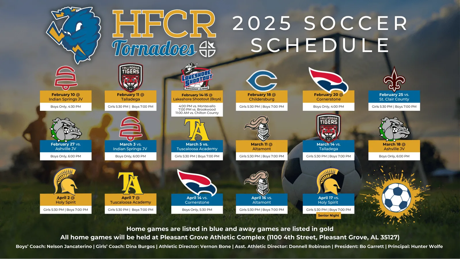 Graphic showing the Holy Family Cristo Rey soccer match schedule for 2025